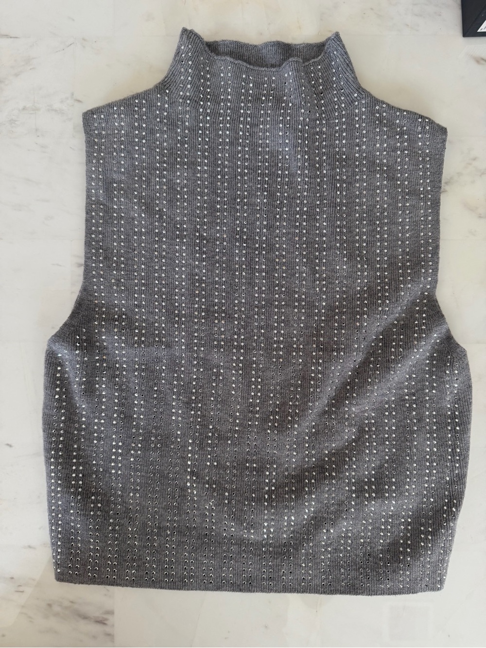 Sleeveless Grey Mock Neck Knit Top with Rhinestone Detail